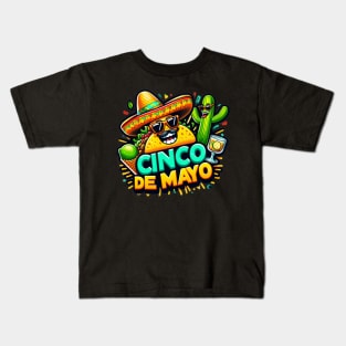 Funny Cinco De Mayo Cartoon Taco Wearing Sombrero,  Lime with Sunglasses and Dancing Cactus! Kids T-Shirt